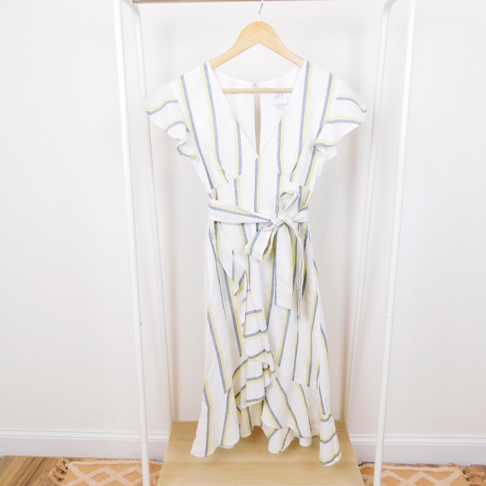 JOA White Striped Faux Wrap Fit & Flare Dress